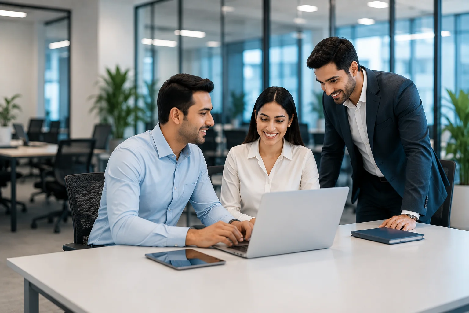 Team of professionals collaborating on a laptop in a modern office, representing business growth, outsourcing solutions, and teamwork.